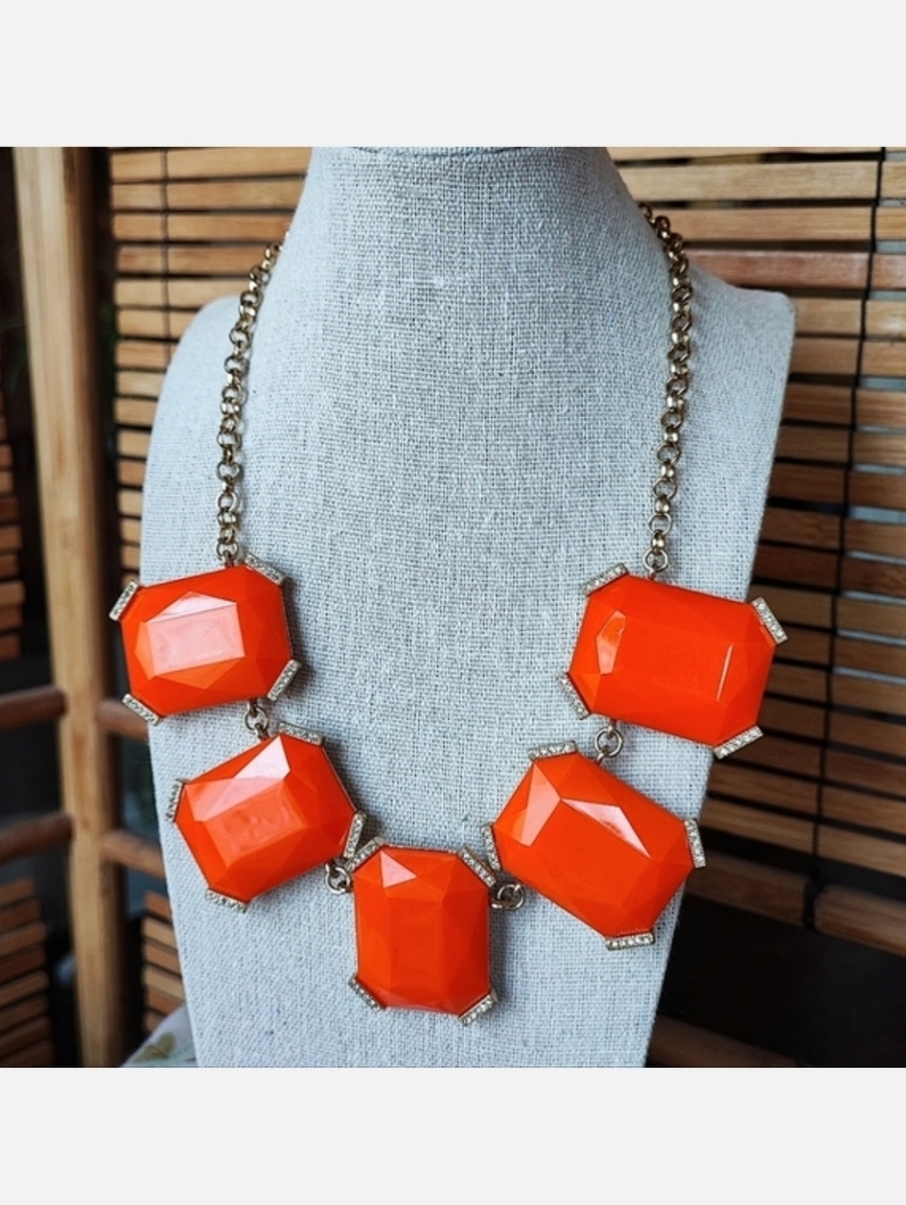 Banana Republic Bright Orange Statement Necklace Gold Tone Hardware Emerald Cut